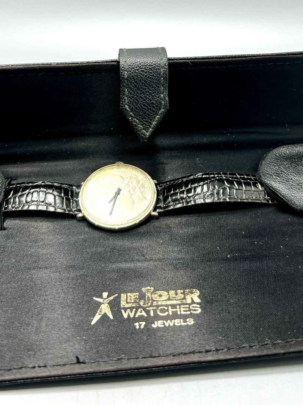 Vintage Le Jour Coin Face Men's Watch with Black Leather Strap